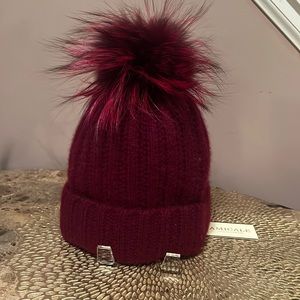 AMICALE Cashmere Knit Beanie with Fox Pompom